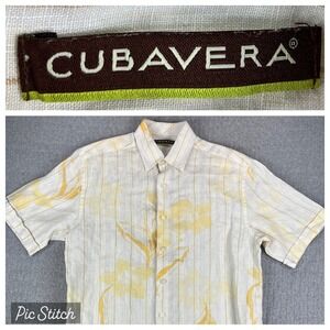 Cubavera 100% Linen Button Up Dress Shirt Men M Yellow Floral Short Sleeve